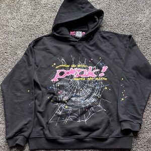 Black Graphic Hoodie with Pink 'Pray!' Design